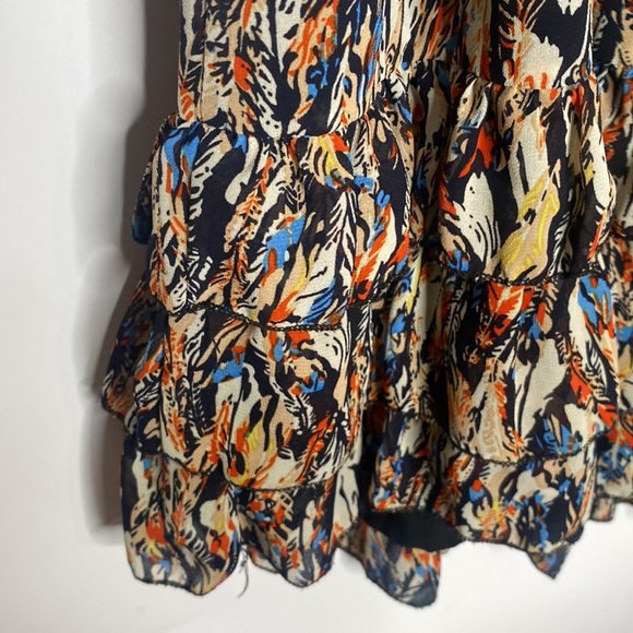Scully Women's Multicolored Feather Print Sheer Mini Dress Ruffle Trim size XL - Picture 4 of 11